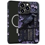 TnXee Case Compatible with iPhone 16 Pro,Compatible with MagSafe,Glossy Fall Prevention Hybrid 2-Layer Hard Shell Cases for Girls Boys,Purple Floral Crow Bookshelf