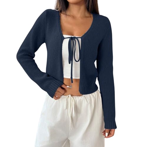 Women Tie Front Knit Crop Cardigan Long Sleeve Open Front Solid Slim Fit Basic Causal Crop Cardigan Sweater