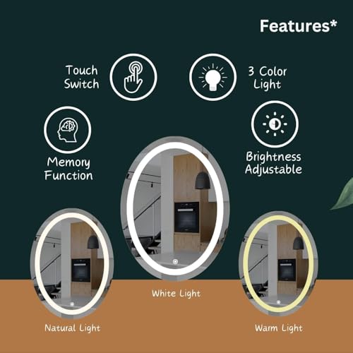 Image of Creative Arts n Frames LED Wall Mount HD Mirror with 3 Color Light Tone for Home Wall Living Room Bedroom Bathroom Hotel Decor Items (18x24 inch Oval)