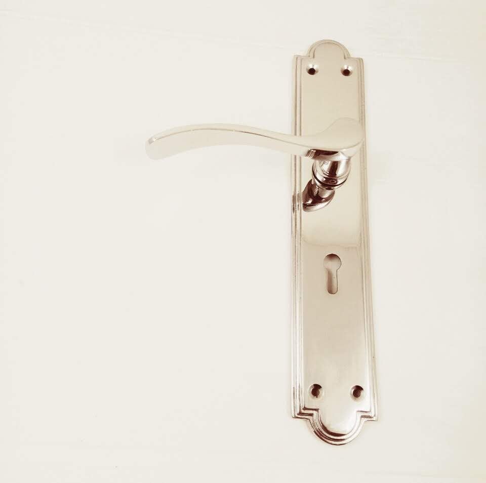 Kooples Hardware Nerva Door Handle on Backplate - Europrofile, Lock, Bathroom & Latch Variants (85mm Centres) (Lever Lock, Polished Chrome, 241mm x 42mm)
