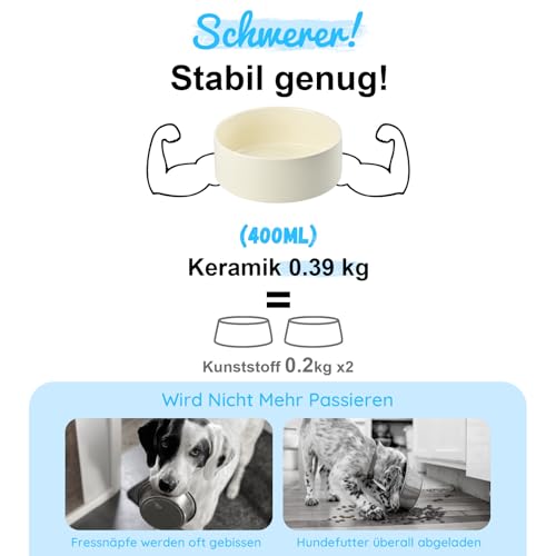 SPUNKYJUNKY Hundenapf Keramik Erhöhter Futternapf Set mit Bambus Ständer für Katzen und Hunde (400ml, Beige)