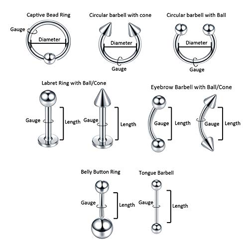 Xpircn 120Pcs Piercing Jewelry Kit Piercing Needles Stainless Steel Acrylic 14G 16G Nose Septum Horseshoe Lip Tongue Eyebrow Tragus Belly Tongue Nipple Barbell Rings Piercing Jewelry Kit Tool #TOP1