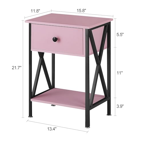 Image of VECELO Nightstand,Modern Bedside End Table, Night Stand with Drawer and Storage Shelf for Living Room Bedroom, Industrial Metal Frame