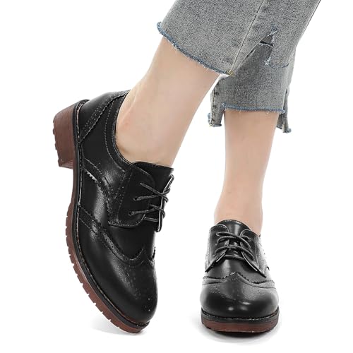 Fashion Women Oxford Shoes Block Heel Lace Up Derby Casual Brogue Shoes Brown Sneaker4
