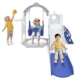 Froadp 6-in-1 Kinderrutsche für Kleinkinder ab 1 Jahr, Indoor und Outdoor, Freistehende Rutsche aus HDPE & PP, mit Schaukel, Kletterleiter, Stauraum, Basketballkorb und Spielteleskop, bis 50kg