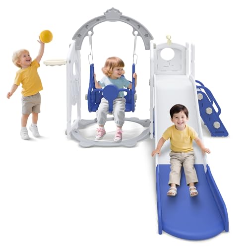 Froadp 6-in-1 Kinderrutsche für Kleinkinder ab 1 Jahr, Indoor und Outdoor, Freistehende Rutsche aus HDPE & PP, mit Schaukel, Kletterleiter, Stauraum, Basketballkorb und Spielteleskop, bis 50kg