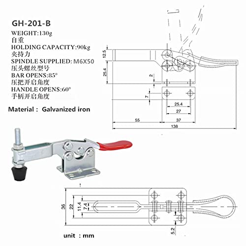 Cn-Bogong GH-201-B Hold Down Toggle Clamps Woodworking Latch Antislip Red Hand Tool Holding Capacity Antislip Horizontal Heavy Duty Toggle Clamp 201B 198Lbs Quick Release Tool thumb #1