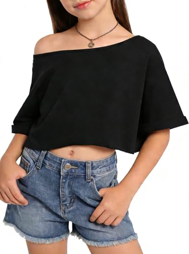 Image of Girls Off the Shoulder Tops Crop Short Sleeve Tees | Rolled Cuffs, Loose Fit, Crop Tops, Dance, Summer, Oversized, Trendy