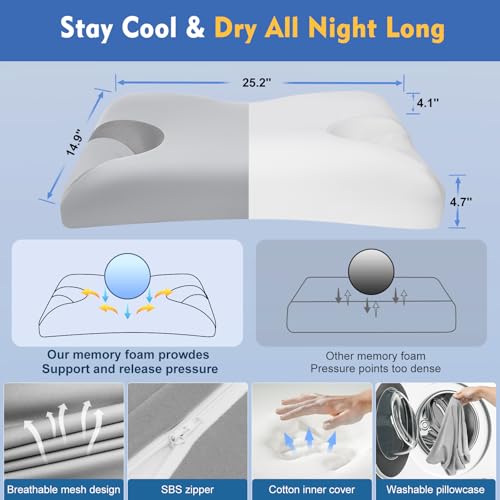 Image of CPAP Cervical Pillow for Side Sleepers - Reduce Mask Air Leaks & Pressure, Ergonomic Neck Support for Pain Relief, Dual-Height Memory Foam Pillow with Cooling Cover for Side, Back & Stomach Sleepers