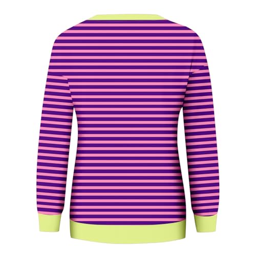 FOCLMP Women Striped Crewneck Sweatshirts Trendy 2024 Pullover Tops Long Sleeve Preppy Shirts Fall Fashion Clothing Sweaters for Teens Hot Pink XL