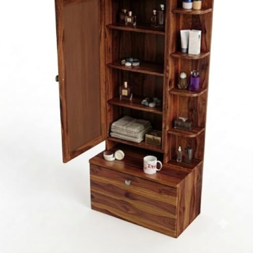 Image of Rajasthali Furniture Wooden Dressing Table with Mirror, Vanity Table for Bedroom with Storage Drawer & Open Shelves, Makeup Table with Mirror Cabinet, Dressing Unit for Home Furniture (Honey Finish)