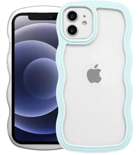 Image of GoldKart iPhone 12 /12 Pro Case Wavy Edge Clear Back Design, Anti-Slip Grip Cute Wave Curly Frame Shape Shockproof Soft TPU & Hard PC Bumper Protective Phone Case Cover for Women Girls - Light Blue