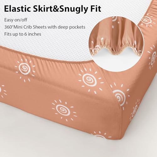Baby Mini Crib Sheets Boy, Portable 38”x26” Pack and Play Sheets Fitted for Playard and Pack N Play Mattress, 3-Pack Soft Microfiber Orange Sun Rainbow