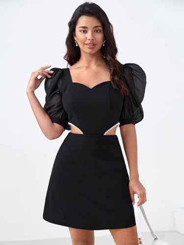 Image of WDIRARA Women's Cut Out Sweetheart Neck Half Puff Sleeve Pearl Beaded Elegnat Mini Dress