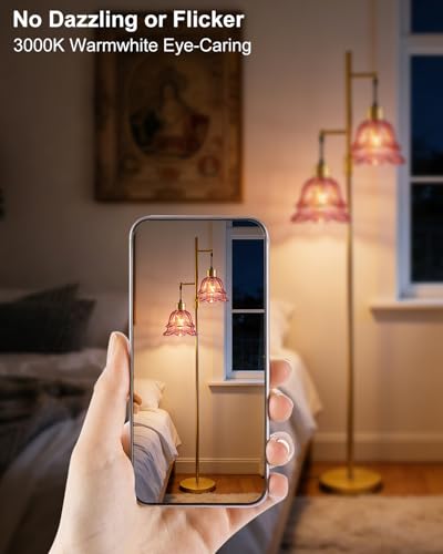 Image of 2-Light Modern Glass Floor Lamp, Gold Tall Standing Lamp with Deep Red Tulip Glass Shade for Reading, Dimmable LED Floor Lamp with 5Lbs Heavy Base for Living Room Bedroom Home Decor, Bulb Included