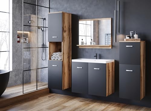 Muebles Slavic Mobile bagno sospeso con lavabo 60 CM Lustro 2 Post Colore Wotan/Grafite- mobile bagno