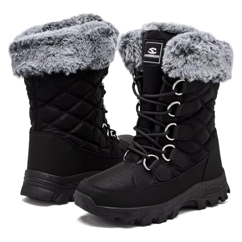 HOBIBEAR Schneestiefel für Frauen Wasserdichte Wanderstiefel für Damen Winterstiefel Warm(EU 38,Ganz schwarz)