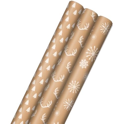 Hallmark Christmas Wrapping Paper Rolls - Minimalist Brown Kraft Trees, Antlers, Snowflakes Gift Wrap Paper (3 Rolls: 90 sq. ft. ttl.) for Holiday Parties, Hanukkah, Winter Weddings