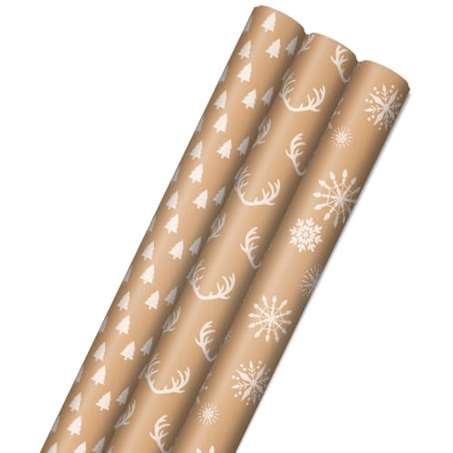 Product Image of the Hallmark Christmas Wrapping Paper Rolls - Minimalist Brown Kraft Trees, Antlers, Snowflakes Gift Wrap Paper (3 Rolls: 90 sq. ft. ttl.) for Holiday Parties, Hanukkah, Winter Weddings