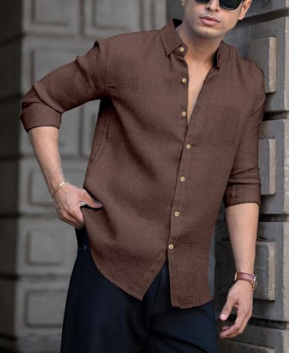 Image of NexaFlair Men's Shirt Regular Fit Solid Pattern Linen Cotton with Long Sleeve Collared Neck Standard Length and Button Down Closure Type | Mens Casual Shirts | Man's Formal Shirts
