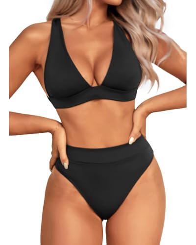 Yonique Thong Bikini Set High Waisted Two Piece Swimsuit High Cut Bikini V Neck Bathing Suit