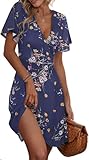 ETCYY NEW Womens Summer Dresses Slant Open V Neck Floral Printed Sundresses Flowy Dress Short Sleeve