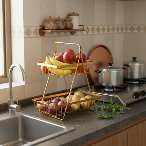 Image of 2 Tier Metal Fruit and Vegetables Basket with Handle | Fruit Vegetables Snacks and Bread Organizer for Kitchen, Dining Table, Livingroom | Bathroom Countertop Stand (Design 2 - Gold)