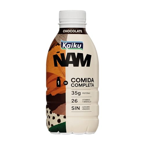 Kaiku - Ñam Chocolate, una Comida Completa en una Botella, 35 g de Proteína y 26 Vitaminas y Minerales, Sin Azúcares Añadidos y Bajo en Grasas, Sabor Chocolate - 500 ml