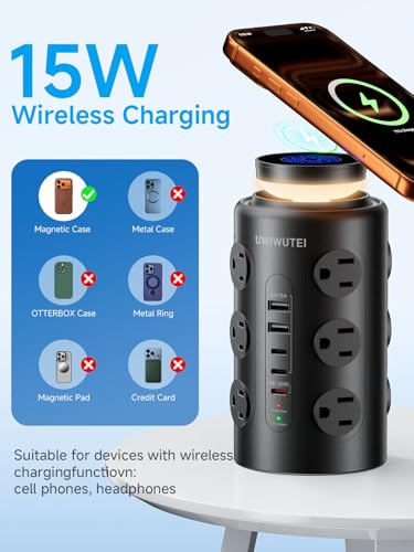 Image of Tower Power Strip Surge Protector with Wireless Charging & Night Light - PD20W Fast Charging Station,12 Outlets, 5 USB (3 USB-C),1800J Protection, 6FT Extension Cord, Home Office Essentials (Black)