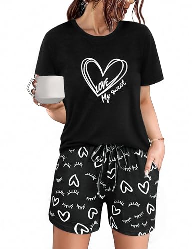 Uniexcosm Schlafanzug Damen Kurz Baumwolle Zweiteiliger Pyjama Set Kurzarm Nachtwäsche Wimperndruck Sleepwear Hausanzug Loungewear Stil 1:Schwarz-1 3XL