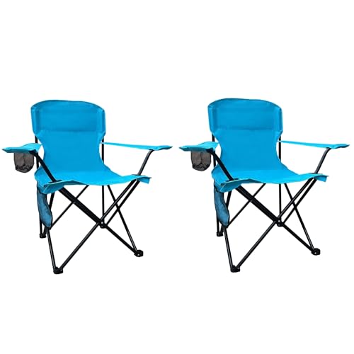 SAILARY 2 sillas plegables plegables de camping resistentes con bolsa refrigeradora, bolsillo de almacenamiento, bolsa impermeable, silla de brazo para exteriores, soporta 225 libras, color azul