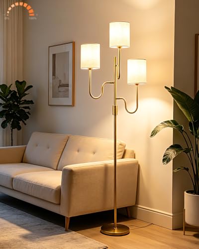 Image of Lightdot 63IN Gold Floor Lamp Dimmable 3-Lights LED Floor Lamps with Cylinder Fabric Shade& Warm White Bulb for Wedding /Party 3-Arm Standing Tall Lamp for Living Room /Bedroom /Sofa Beside /Corner Decor