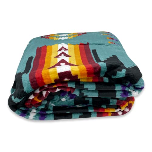 Nu Trendz Signature Southwest Design (Navajo Print) Sherpa Lined Throw 16112 Dark Teal Green #TOP1