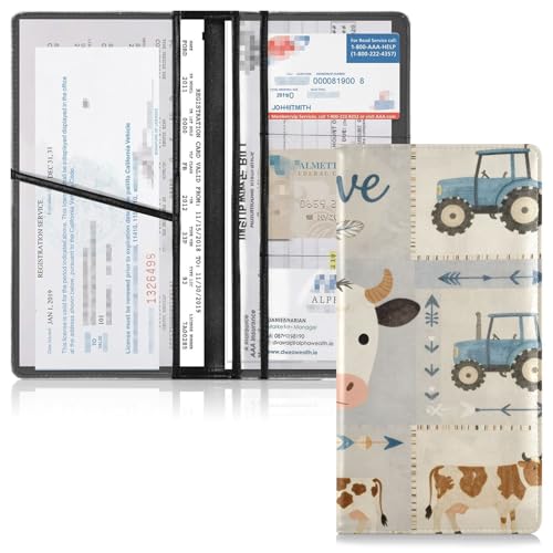 WELLDAY Car Registration and Insurance Holder, Farm Tractor and Cows Vehicle Glove Box Car Organizer for Documents, Cards, License Car Organization