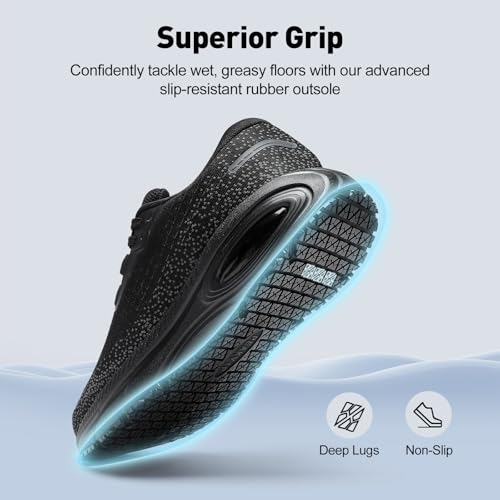 Image of Men's Wide Width Non Slip Work Shoes, Air Cushion Lightweight Wide Toe Box Sneakers Water&Oil Resistant, Breathable Arch Support Food Service Chef Kitchen
