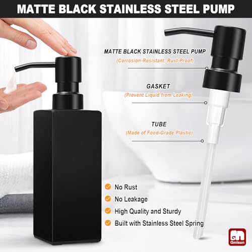 Image of GMISUN Black Soap Dispenser Bathroom, Glass Hand Soap Dispenser with Stainless Steel Pump, 12 fl oz /350ml Refillable Dish Dispensers for Kitchen, Modern Liquid Lotion Bottles for Bathroom Countertop