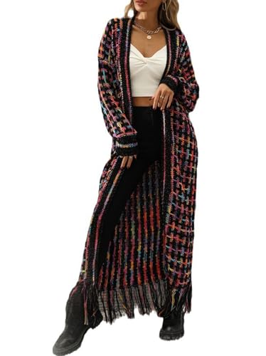 Womens Cardigan Maxi Long Boho Sweater Aztec Open Front Fringed Tassels Jacket Outwear