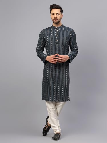 Image of LATEST CHIKAN Men's Cotton Regular Striped Knee Lenght Kurta Full Sleeves