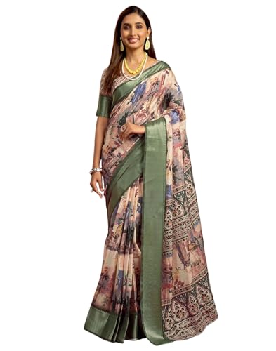 Image of SIRIL Women's Dola Silk Printed Jacquard Border Ready To Wear Saree with Unstitched Blouse Piece