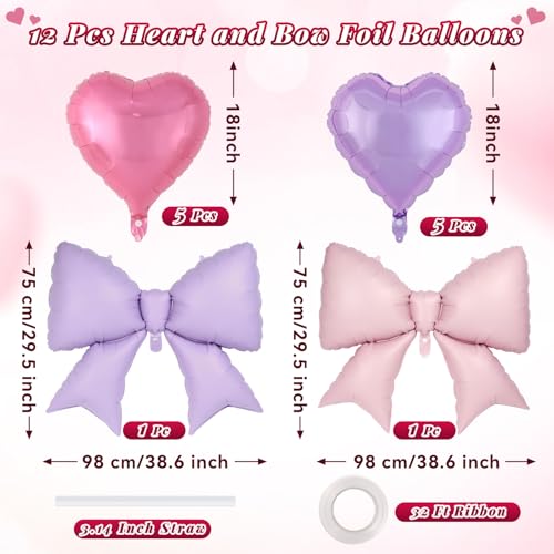 Image of 12 Pcs 18 Inch Heart Balloons and 38 Inch Bow Balloons, Large Foil Bow Heart Balloon Bow Party Decorations for Birthday Baby Shower Valentines Wedding Party