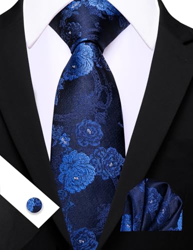 Image of Barry.Wang Flower Ties for Men Silk Woven Floral Tie Sets Necktie Handkerchief Cufflinks Wedding Party