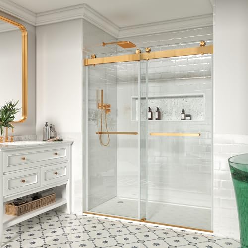 YINVANI Shower Door 56" - 61" W x 72" H, Double Sliding Soft-Close Shower Door Design, SGCC-Certified 3/8" (10mm) Clear Tempered Glass, Stainless Steel Brushed Gold Finish