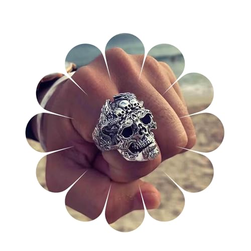 Aneneiceera Vintage Skull Rings Metal Skeleton Head Ring Silver Skeleton Ring Punk Skull Rings Gothic Rings Hand Jewelry for Women