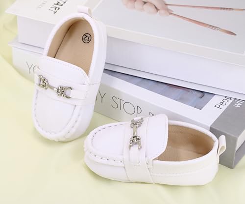 LONSOEN Infant Shoes Boys Loafers Baby Girls Crib Moccasins Classic Synthetic Leather Wedding Dress Shoes,BAY209 White 12-18 Months