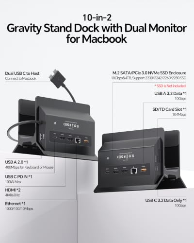 Image of MacBook Docking Station Dual Monitor, Vertical Mac Laptop Docking Station Dock Stand with 2 HDMI 4K@60Hz, USB A /C 10Gbps, PD, Ethernet, SD /TF, Compatible with MacBook Pro Air M3 M4 M5