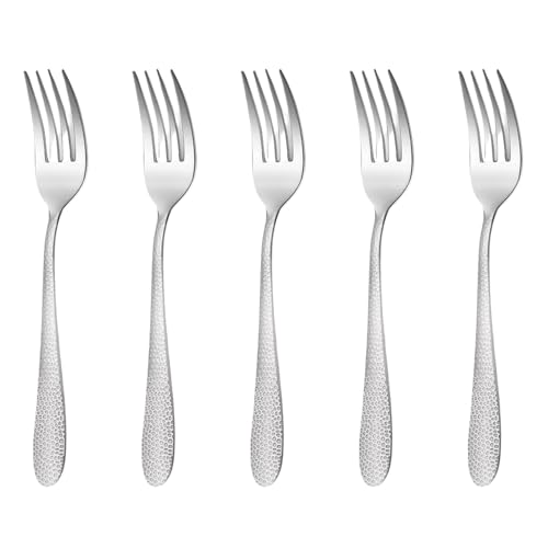 Image of 8.1 inch Hammered Sterling Silver Dinner Forks | 5-Piece Premium Stainless Steel Flatware Set | Elegant Dishwasher-Safe Cutlery for Home, Restaurants, and Gift Giving