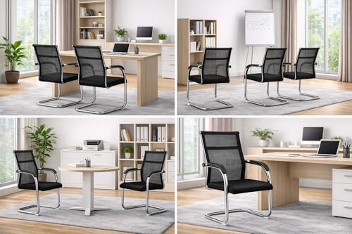 Image of MLU Black Mesh Visitor Chairs Set of 2 - Ergonomic Guest Office Chair with Breathable Mesh Back, Soft Cushion Seat, Chrome Cantilever Frame, Comfortable Armrests - Modern Reception Chair (Black)