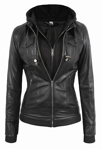 SKY-SELLER Hooded Biker Jacket - Womens Leather Jacket with Hood - Leather Motorcycle Jacket Women