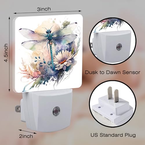 Image of Watercolor Dragonfly Flowers Night Light, Vintage Insect Botanical Floral Leaves Dusk to Dawn Night Light Plug in,0.5w Energy Saving Sleep Friendly NightLight for Kids Boys Girls Home Decor