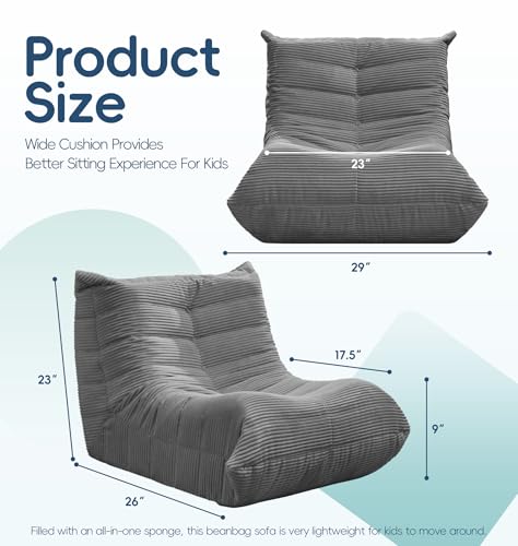 Image of Hobestluk Medium Bean Bag Chair Faux Fur Fabric BeanBag Couch for Playroom | Grey Corduroy,Ergonomic Design,Memory Foam,Strong Supportive,No Assembly Required,Decorative Style for Living Room Bedroom